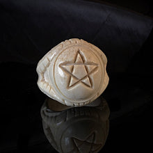 Load image into Gallery viewer, ossua-et-acroamata-jewelery-gothic-goth-Devil-Lucifer-Satan-Leviathan-memento-mori-sterling-bone-hand-craved-antler-deerantler-Pentagram-Sigil-Ring